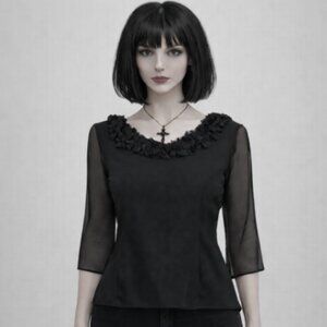 Black Ruffle Neck Blouse Size 8 Semi Sheer Sleeves